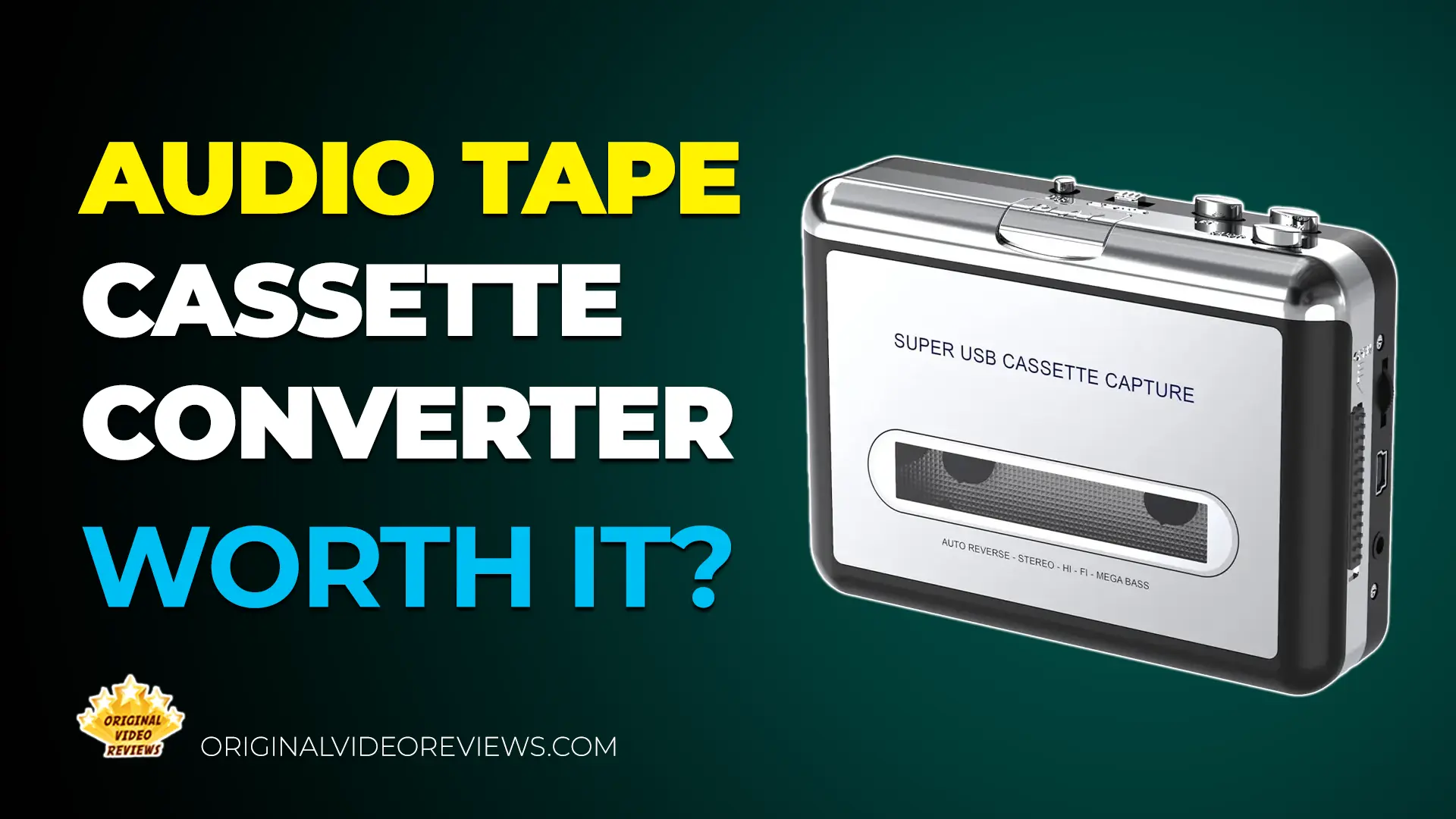 USB Tape Cassette Converter review thumbnail - old cassette tape being converted to digital audio over USB