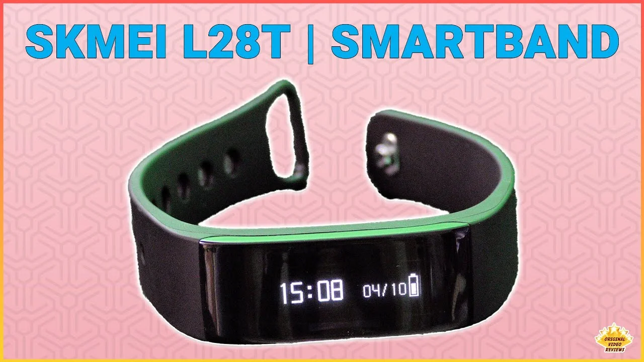 Black SKMEI L28T smartband on a pink patterned background, with the text SKMEI L28T | Smartband