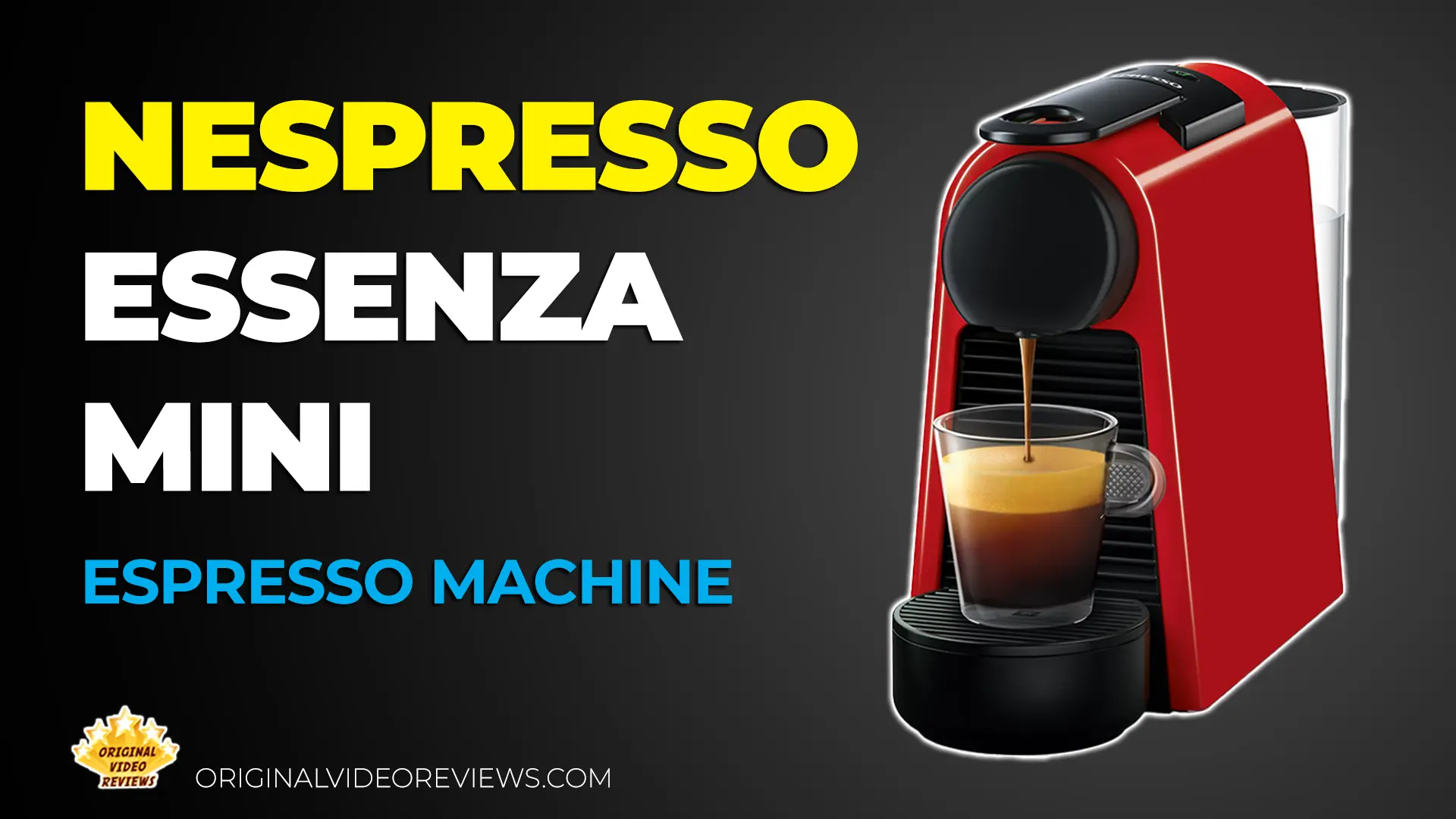 Red and black Nespresso Essenza Mini espresso machine, front view, pouring coffee into a clear plastic espresso cup