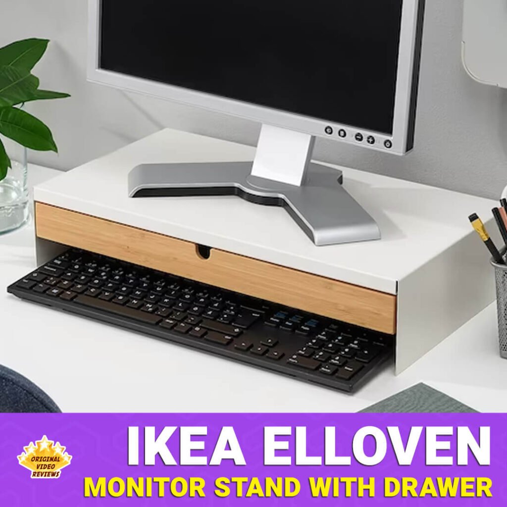 Thumbnail image for the IKEA ELLOVEN Monitor Stand with Drawer review on OVR – white stand with bamboo drawer, monitor on top, and keyboard stored underneath.