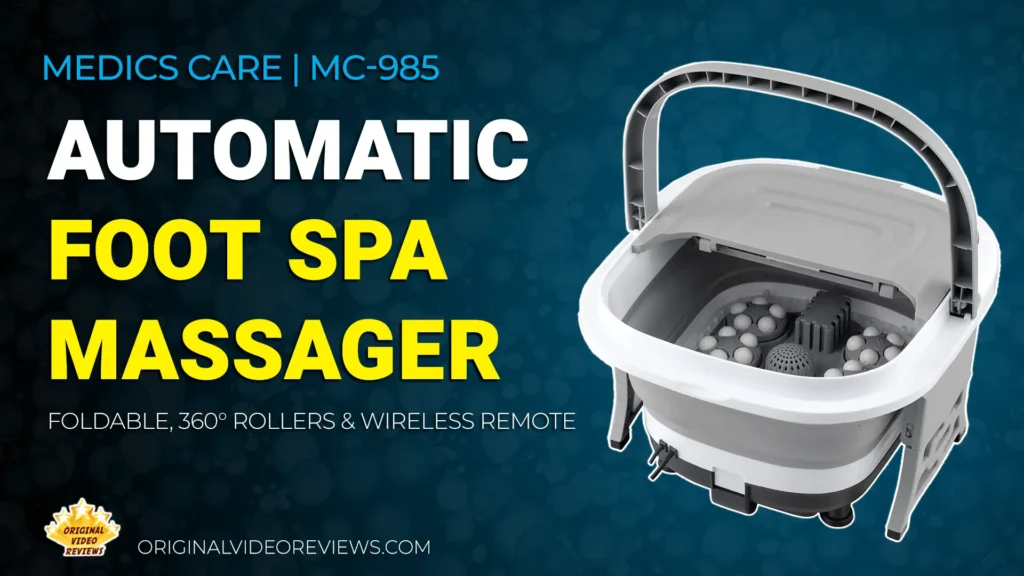 Medics Care MC-985 foldable automatic foot spa massager with 360° rotating rollers and wireless remote.