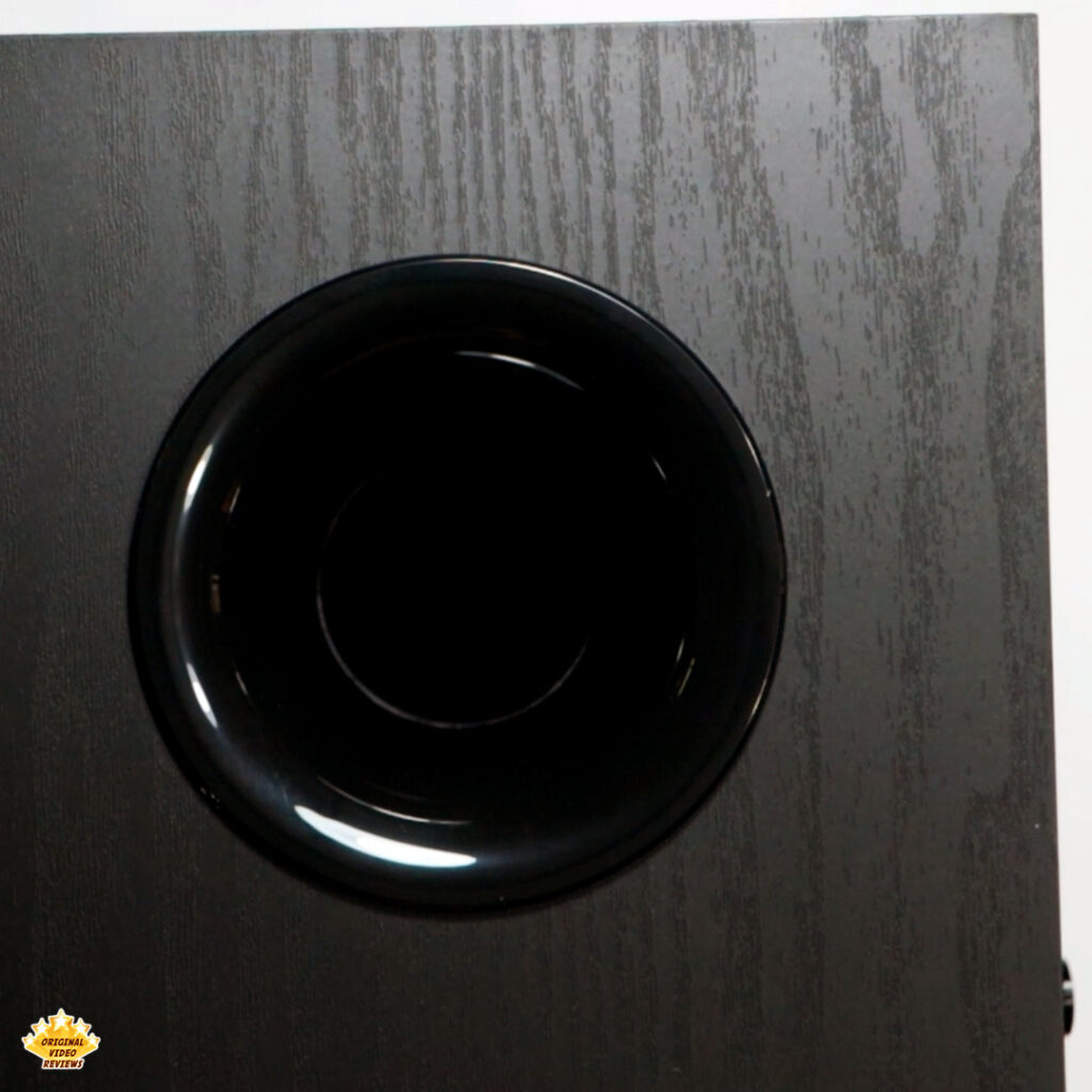 Close-up of the side bass reflex port on the Edifier T5 subwoofer – featured in the OVR review