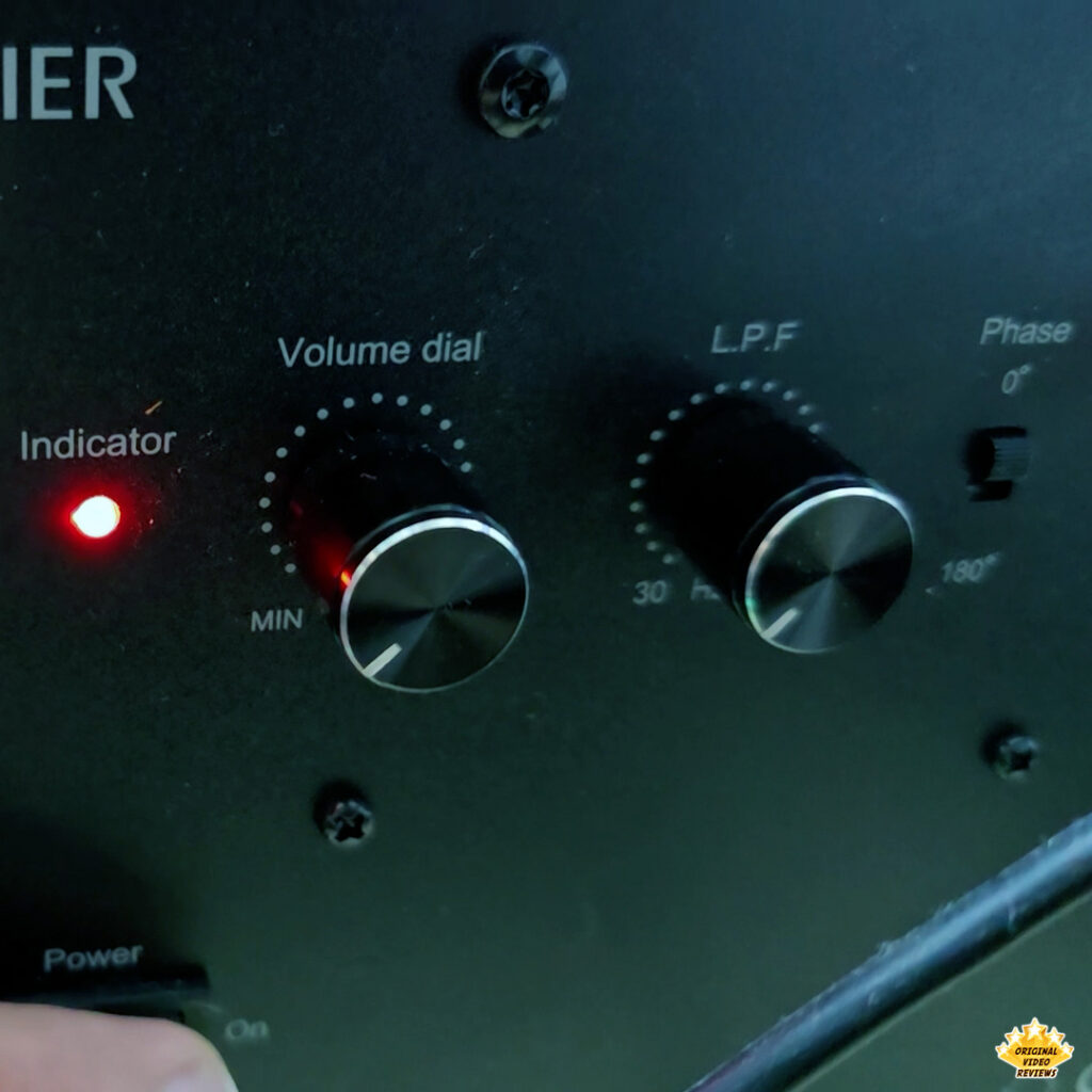 Volume, crossover (LPF), and phase controls on the back of the Edifier T5 subwoofer – OVR review