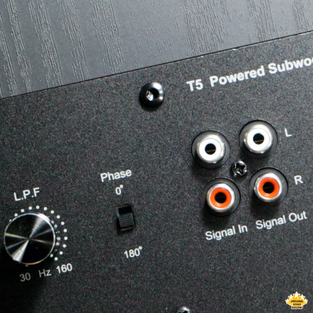 Audio input/output ports, LPF knob, and phase switch on the Edifier T5 subwoofer – OVR review