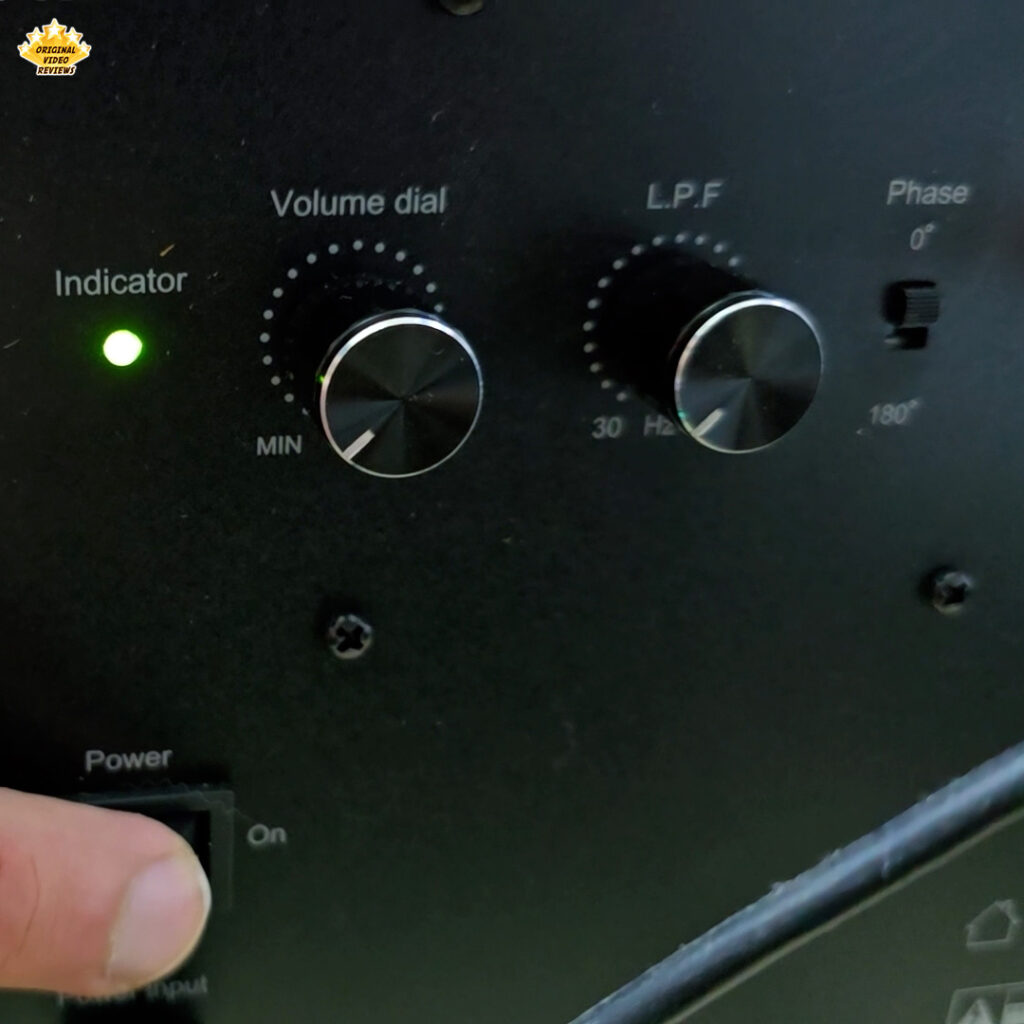 Volume, LPF, phase, and power controls on the Edifier T5 subwoofer, with green indicator light – OVR review