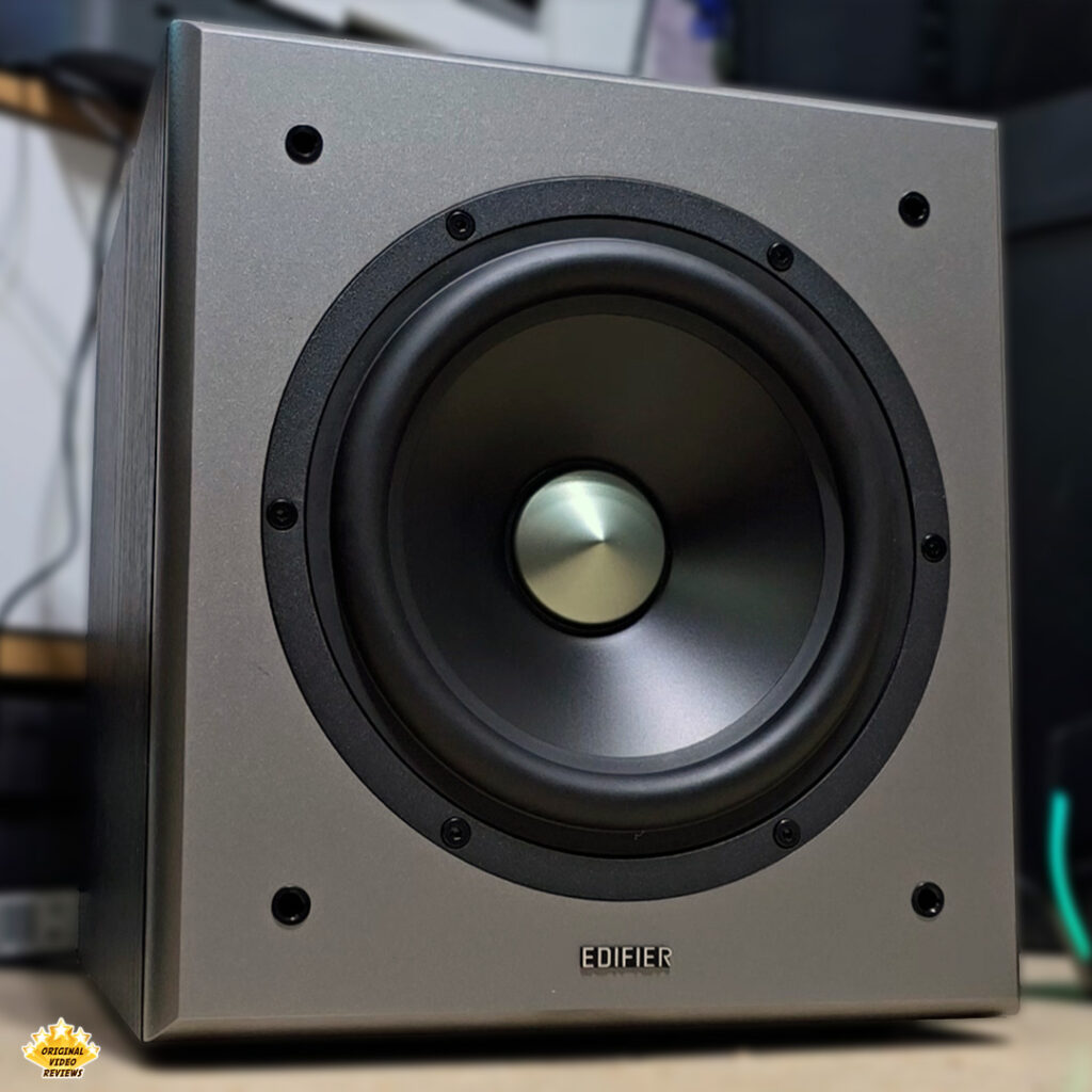 Front view of the Edifier T5 subwoofer with exposed driver – OVR review