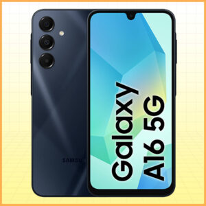 Image of the Samsung Galaxy A16 5G smartphone, featuring a sleek design with three vertically aligned rear cameras and an LED flash. The front display reads 'Galaxy A16 5G,' positioned within the notch at the top of the screen. Set against a gradient background of blue and green geometric shapes, this image serves as a clickable link, redirecting readers of the blog post to the Galaxy A16 product page on Amazon, enabling them to make a purchase.