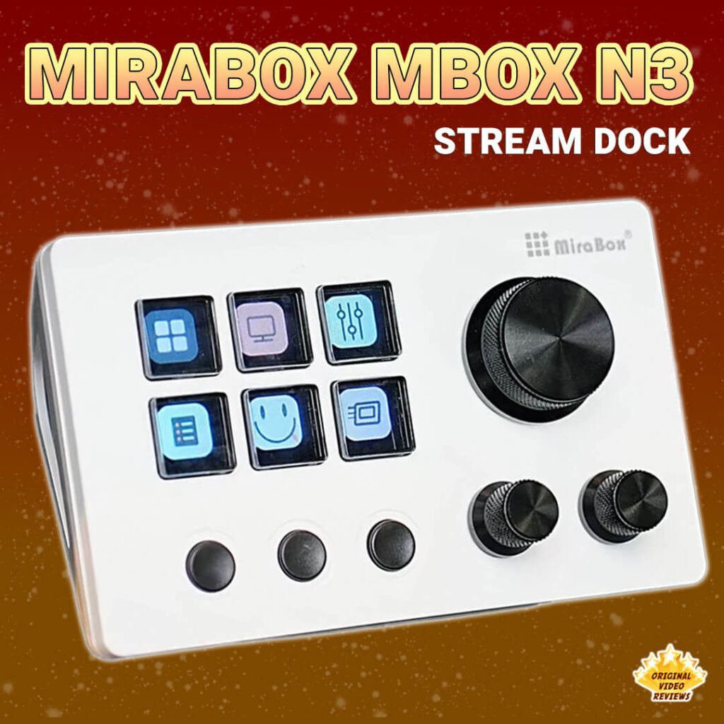 The thumbnail for the Original Video Review of the Mirabox Mbox N3 Stream Dock highlights the device in detail. It showcases six buttons with diverse icons such as a grid, a monitor, sliders, a document, a smiley face, and a chip, alongside four differently sized knobs on its right side. The vibrant red-to-orange gradient background, sprinkled with white specks, adds a dynamic touch. The text “MIRABOX MBOX N3 STREAM DOCK” stands out boldly at the top, while the Original Video Reviews logo is neatly positioned at the bottom right corner.
