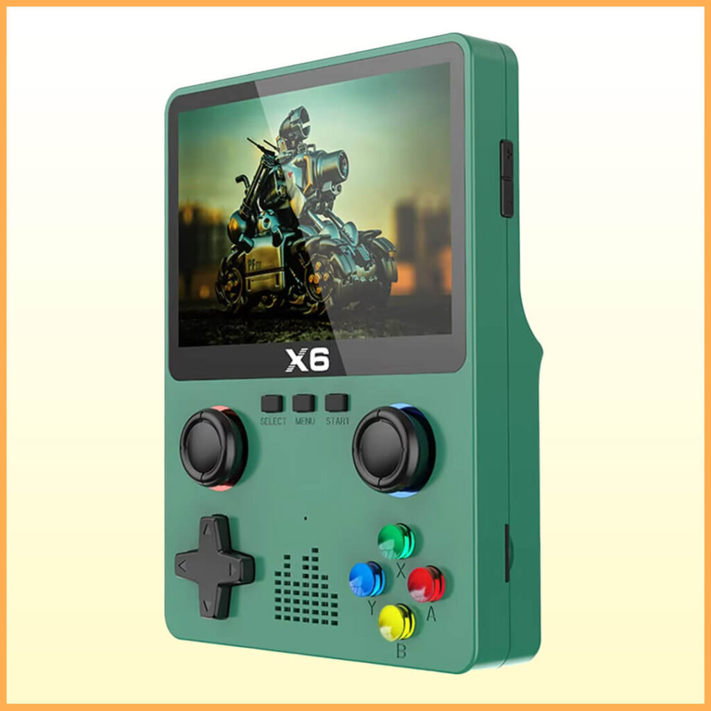 Image of the X6 portable video game console – green version with dual joysticks and classic button layout.