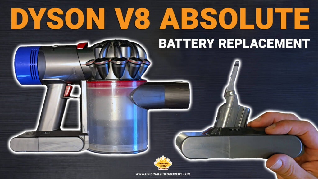 Dyson V8 Absolute with a hand holding a replacement battery - quick visual of battery replacement.