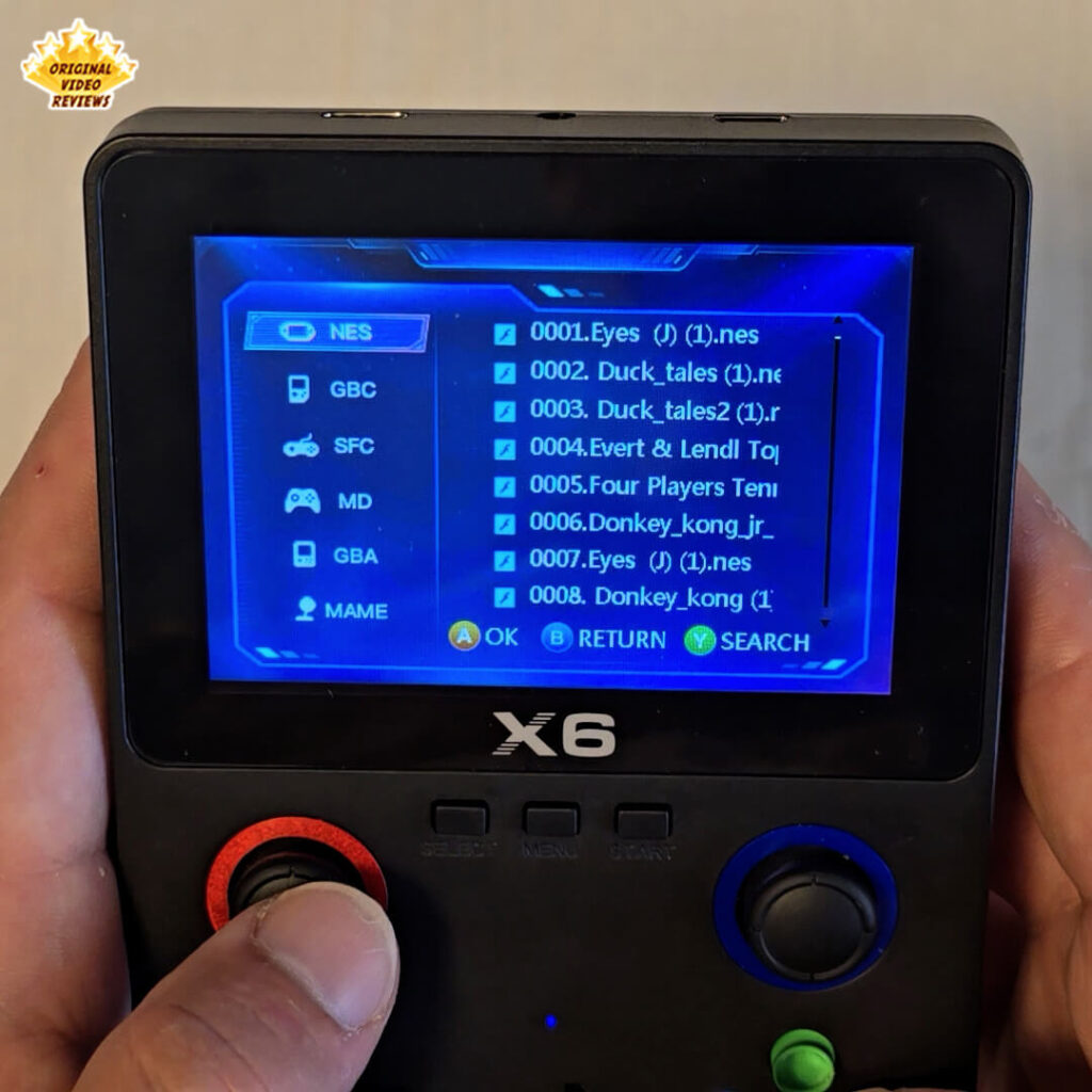 Game selection screen on X6 retro handheld console showing NES titles