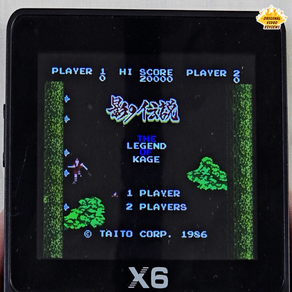X6 handheld console showing the title screen of The Legend of Kage by Taito, with the OVR Original Video Reviews logo in the corner.