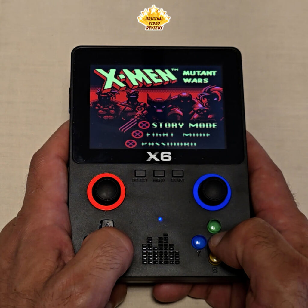 X6 handheld console displaying the title screen of the retro game X-Men: Mutant Wars.