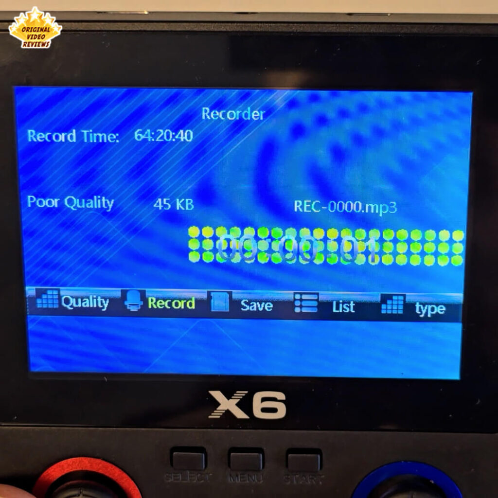 Recorder interface on the X6 retro gaming console showing MP3 recording mode.