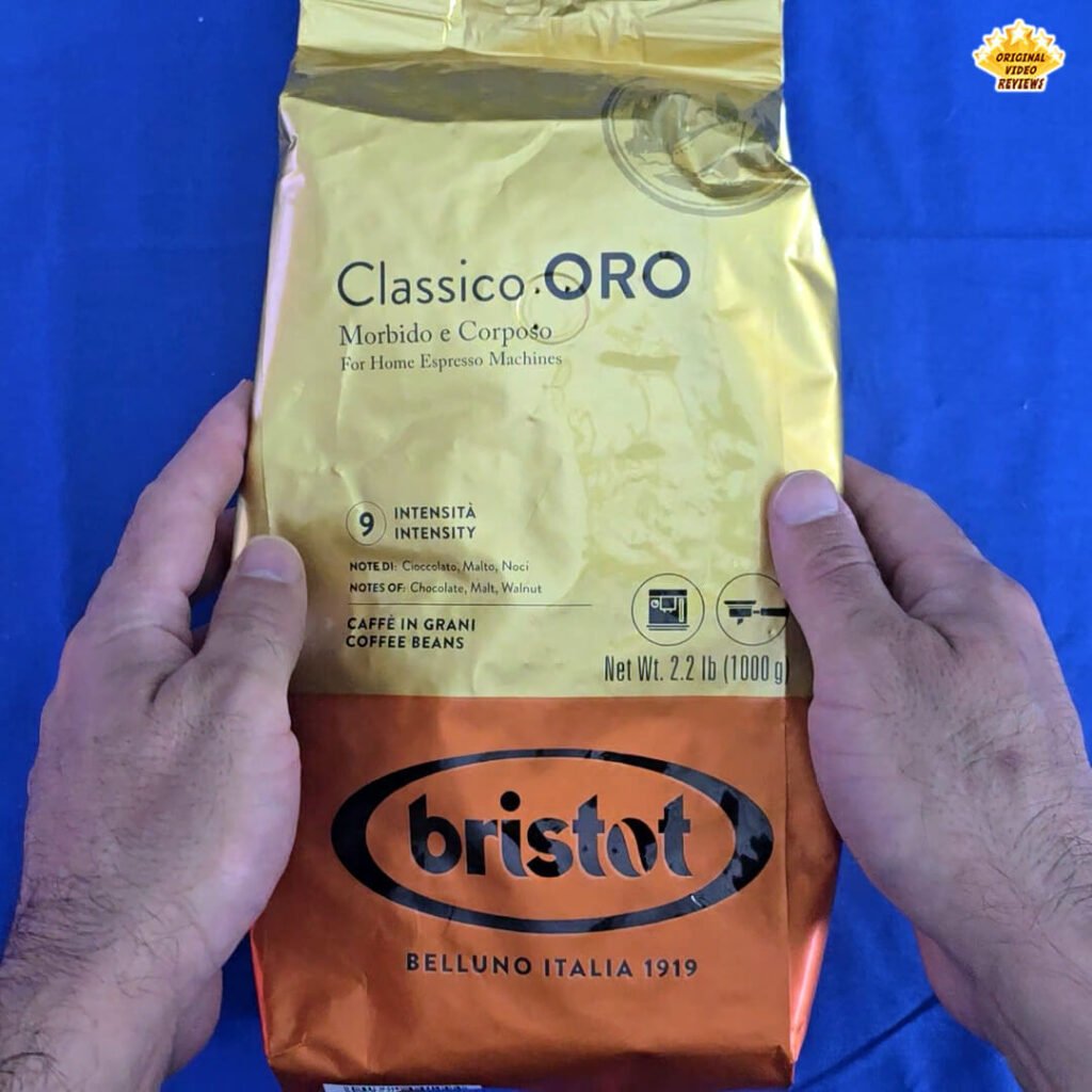 Bristot Classico Oro coffee beans 1kg package on a blue background - gold and orange bag designed for home espresso machines, featured in The OVR Guy’s coffee review.