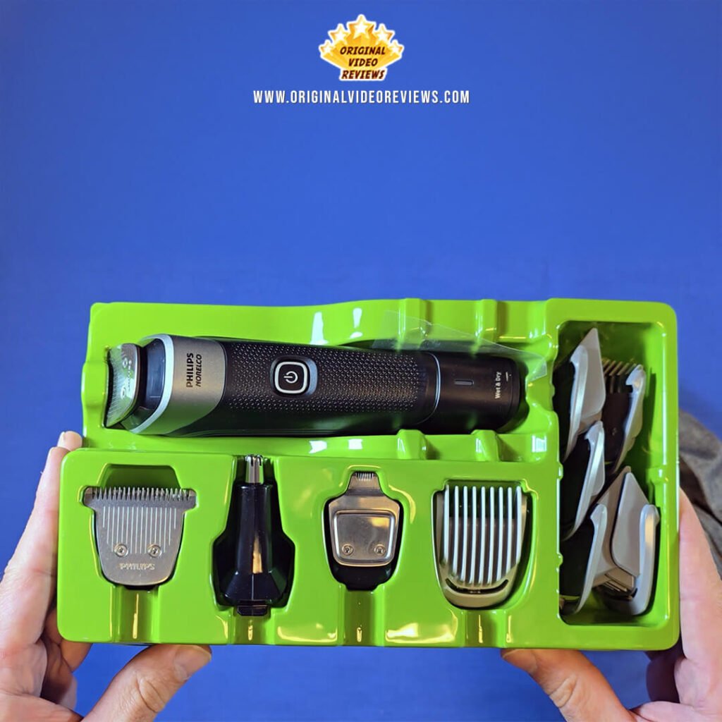 The OVR Guy presenting the Philips Norelco Multigroom 5000 Trimmer MG5970/49 during the unboxing stage - overhead shot.