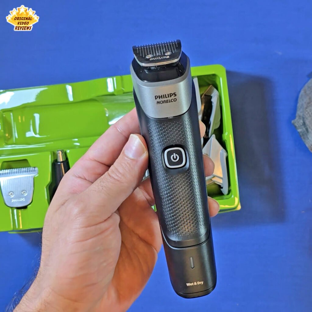 The OVR Guy holding and showing the Philips Norelco Multigroom 5000 Trimmer MG5970/49 to the camera right after unboxing.
