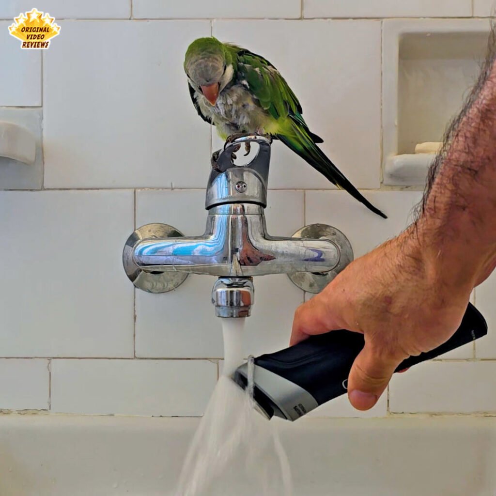 The OVR Guy rinsing the Philips Norelco Multigroom 5000 MG5970/49 under running water with the OVR Bird watching from the faucet - demonstrating 100% shower proof IPX7 rating.