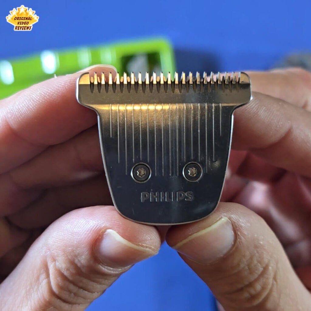 Close-up of the wide trimmer head from the Philips Norelco Multigroom 5000 MG5970/49 held by the OVR Guy during the review.