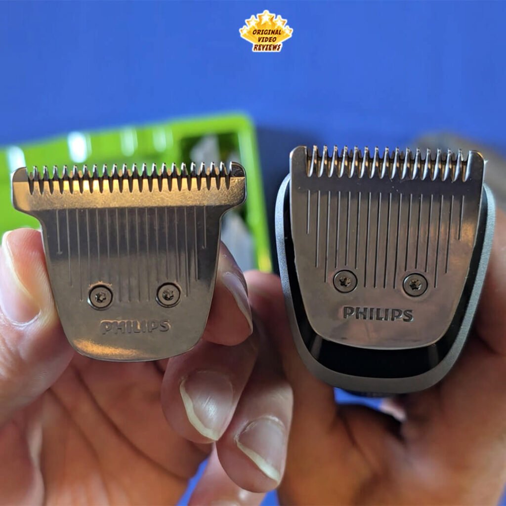Side-by-side close-up of the two metal trimmer heads from the Philips Norelco Multigroom 5000 MG5970/49 - the wide head on the left and the standard head on the right.