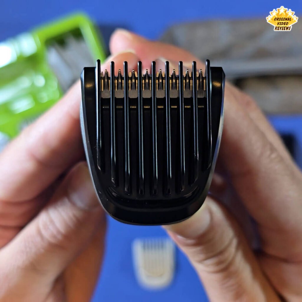 Top-down view of the Philips Norelco Multigroom 5000 MG5970/49 with the 2 mm stubble comb attached.