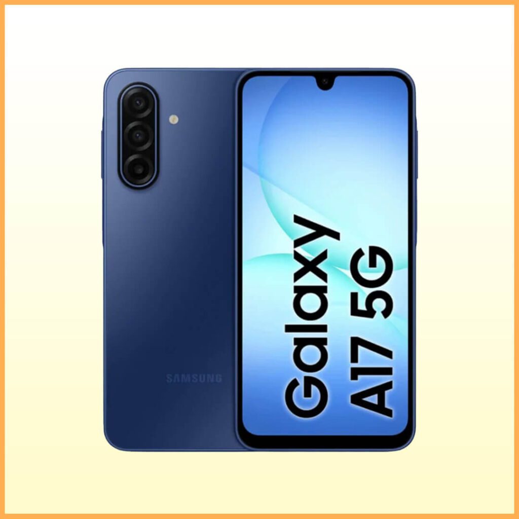 The Samsung Galaxy A17 5G shown in its blue color, displaying the front and rear of the device in a clean, promotional style, used as a banner image for the Amazon purchase link.