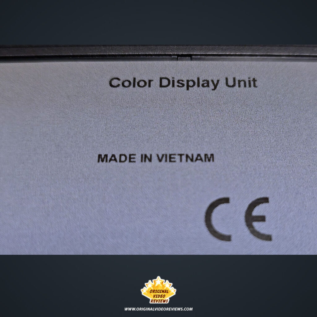 Close-up of the Samsung Essential Monitor S3 rear label indicating the unit was Made in Vietnam.