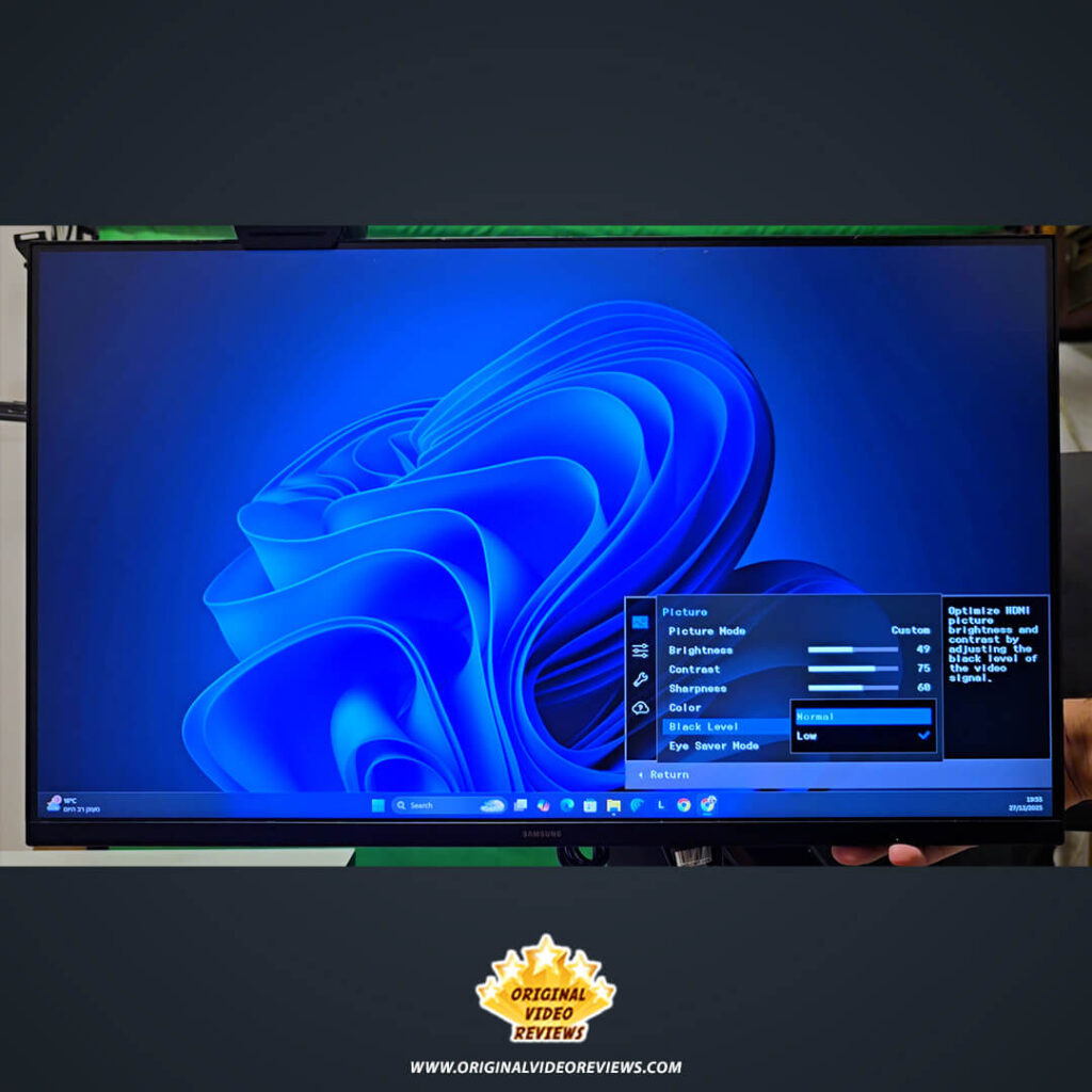 Samsung Essential Monitor S3 front view with the OSD "Picture" settings menu visible in the bottom-right corner.
