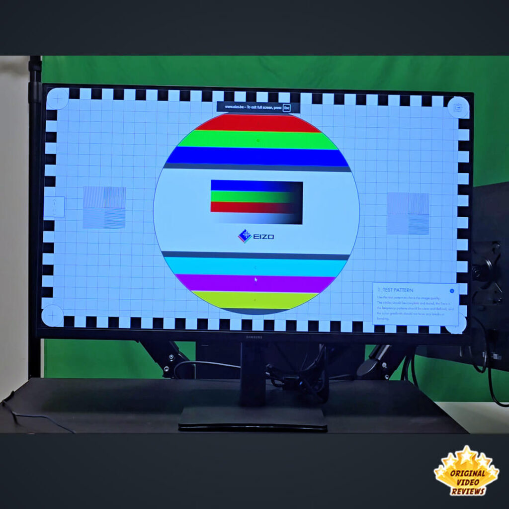 Samsung Essential Monitor S3 27-inch screen displaying an EIZO Monitor Test pattern to check color, geometry, and gradients.