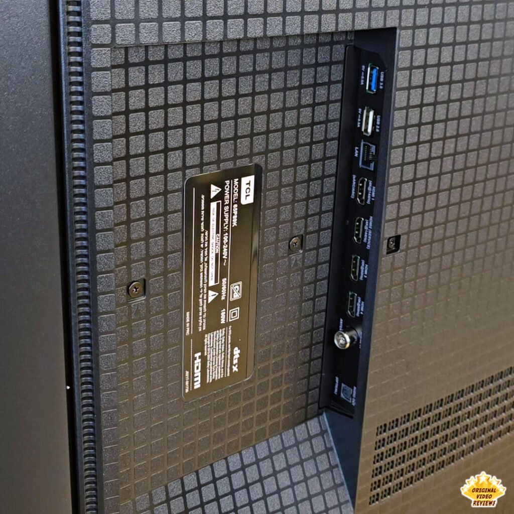 Detailed close-up of the connectivity ports on the back of the TCL P89K 65-inch 4K QLED TV, showing HDMI 2.1, USB, and LAN inputs, featured in a review by Original Video Reviews.