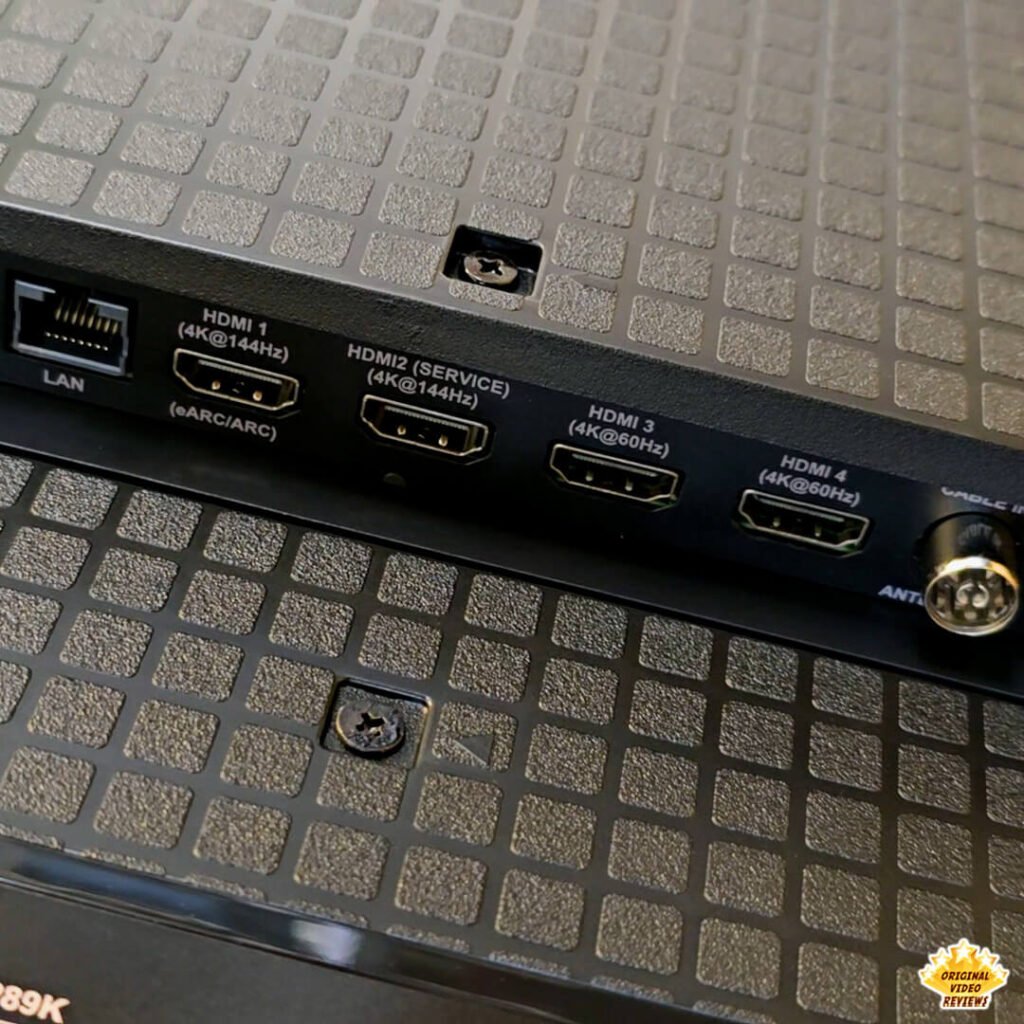 Close-up of the HDMI input panel on the TCL P89K 65-inch 4K QLED TV, showing four HDMI ports including 144Hz support, from a review by Original Video Reviews.