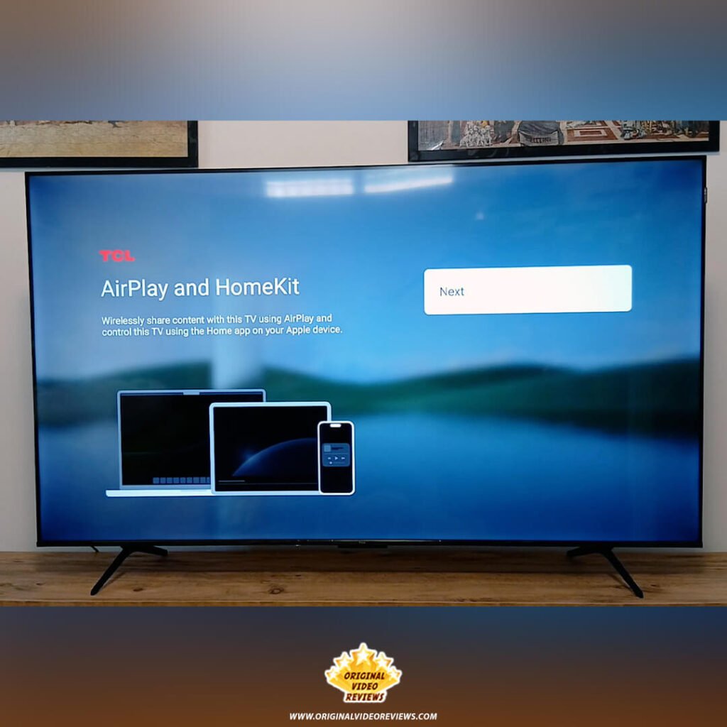 AirPlay and HomeKit setup screen on the TCL P89K 65-inch 4K QLED TV, highlighting seamless integration with Apple devices for streaming and smart home control, featured in a review by Original Video Reviews.