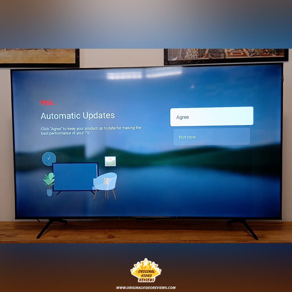 "Automatic Updates" setup screen on the TCL P89K 65-inch 4K QLED TV, part of the Google TV configuration process reviewed by Original Video Reviews.