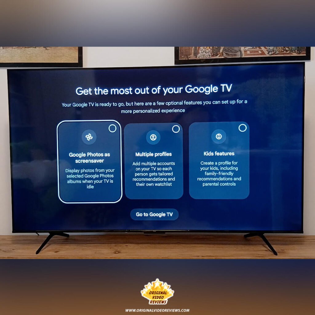 "Get the most out of your Google TV" screen on the TCL P89K 65-inch 4K QLED TV, showing options for Google Photos screensaver, multiple profiles, and kids features, featured in a review by Original Video Reviews.