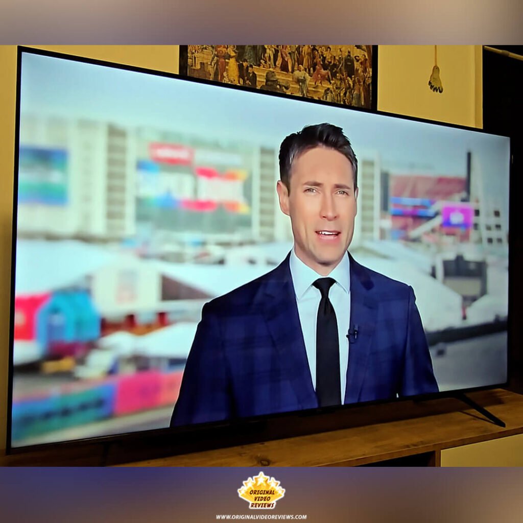 The TCL P89K 65-inch 4K QLED TV screen turned on and displaying content during the product review by Original Video Reviews.