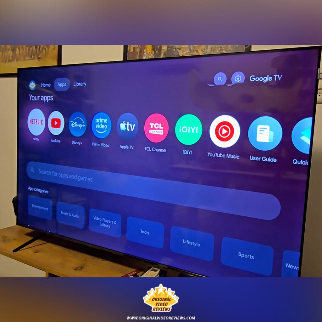The "Your apps" screen on the TCL P89K 65-inch 4K QLED TV Google TV interface, featuring Netflix, YouTube, Disney+, and more, from a review by Original Video Reviews.