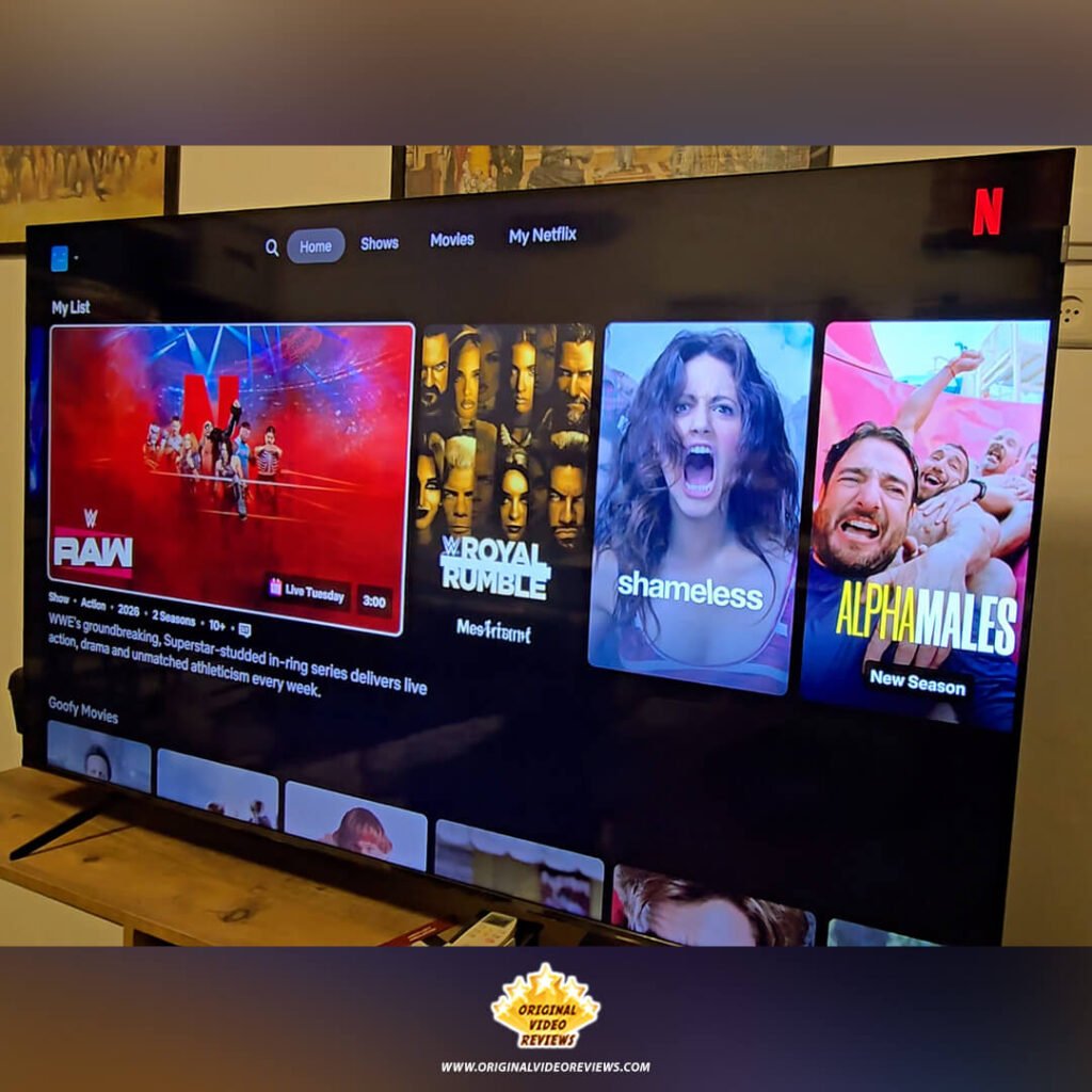 The Netflix interface on the TCL P89K 65-inch 4K QLED TV, showing the "My List" section with titles like WWE RAW and Shameless, from a review by Original Video Reviews.