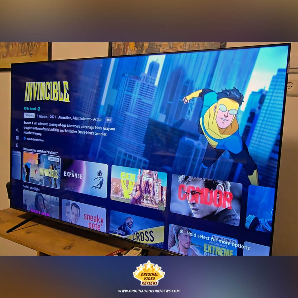 The Amazon Prime Video interface on the TCL P89K 65-inch 4K QLED TV, featuring the "Invincible" series page and recommendations for "The Expanse" and "Gen V," from a review by Original Video Reviews.