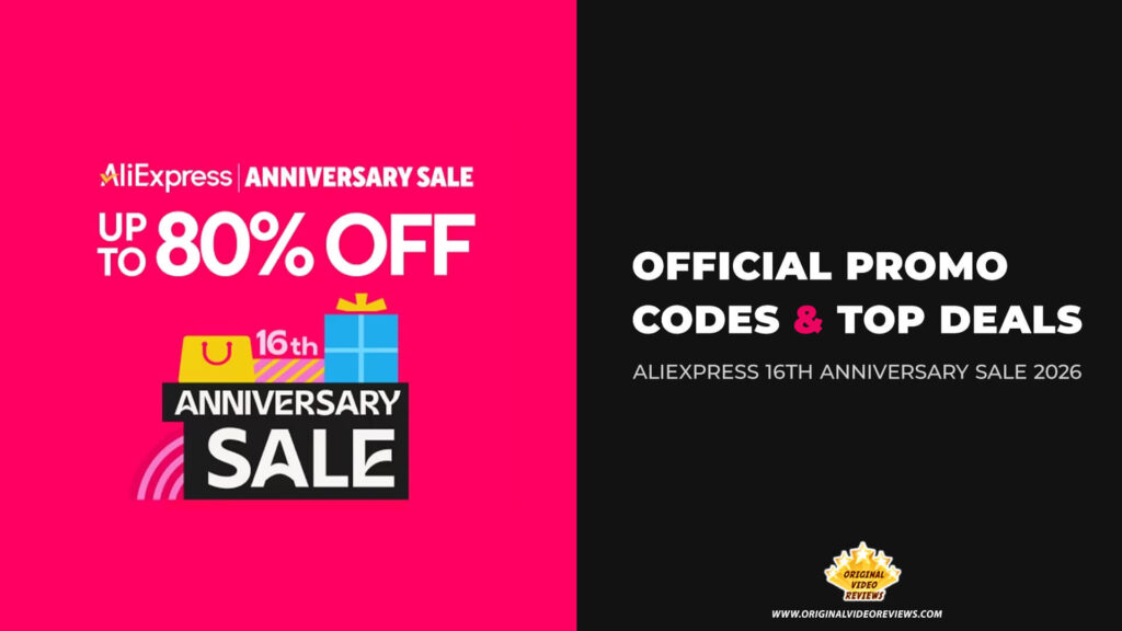 Promotional banner for AliExpress 16th Anniversary Sale 2026 featuring official promo codes and top tech deals curated and verified by Original Video Reviews OVR.