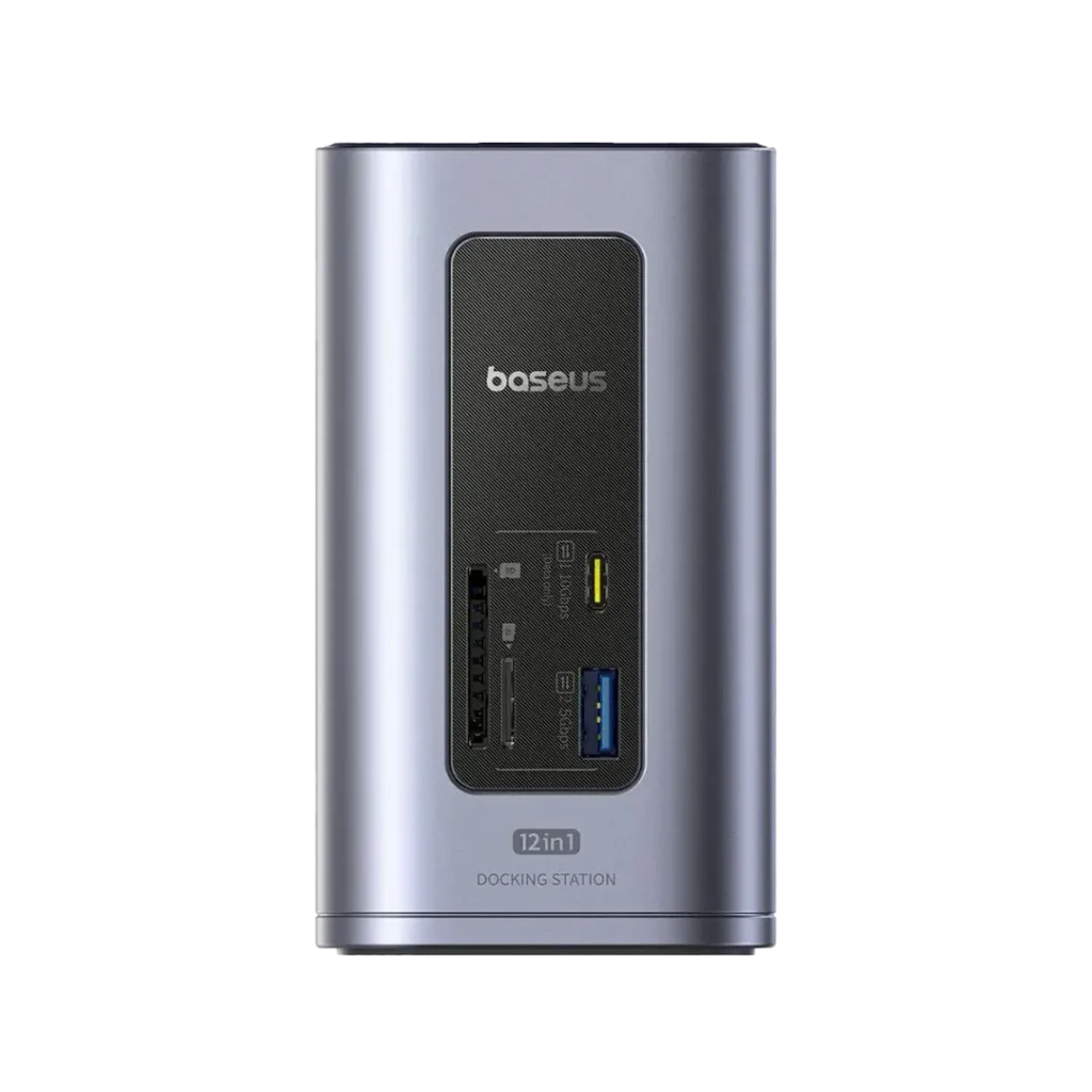 Front view of the Baseus Nomos NU1 Air 12-in-1 docking station with a clean, transparent background.