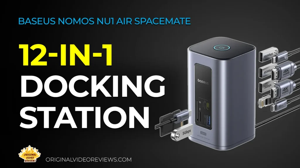 Baseus Nomos NU1 Air 12-in-1 docking station shown with its various ports, featured in an official product review on Original Video Reviews (OVR).