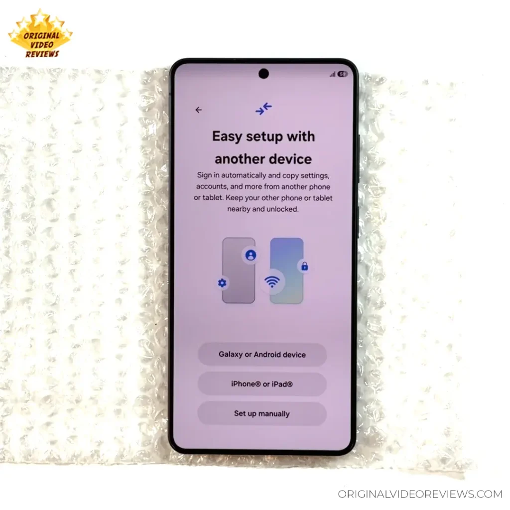 Samsung Galaxy S26 Ultra review - unboxing/setup stage. Hard to spot at a glance, but zooming in reveals dead pixels in the lower-left edge of the front camera's outer ring
