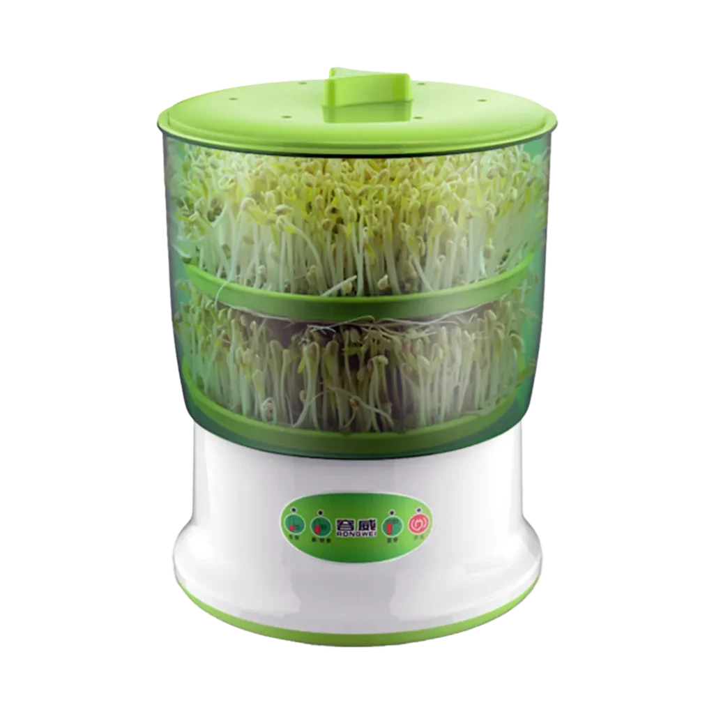 Automatic bean sprout machine, front view, filled with fresh bean sprouts on both tiers, transparent background