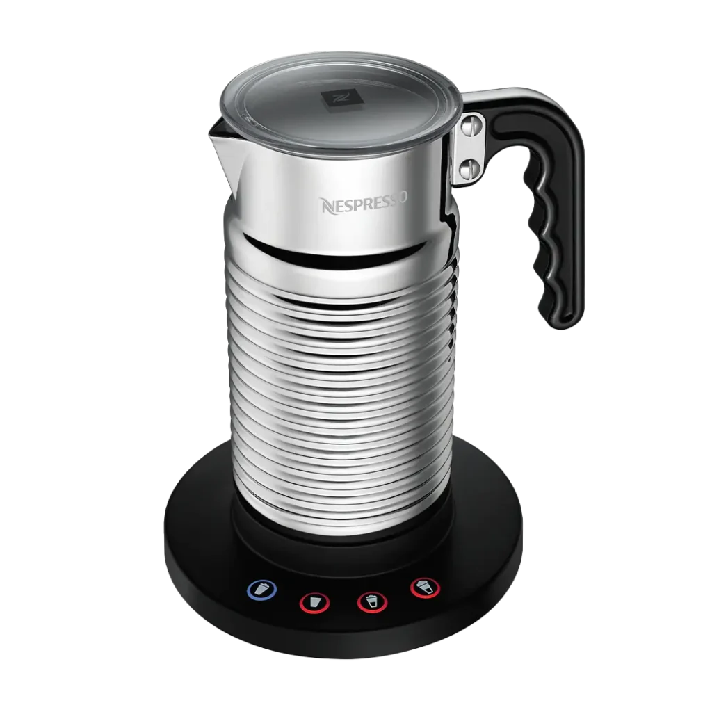 Nespresso Aeroccino 4 milk frother on base powered on front high angle product image - OVR review