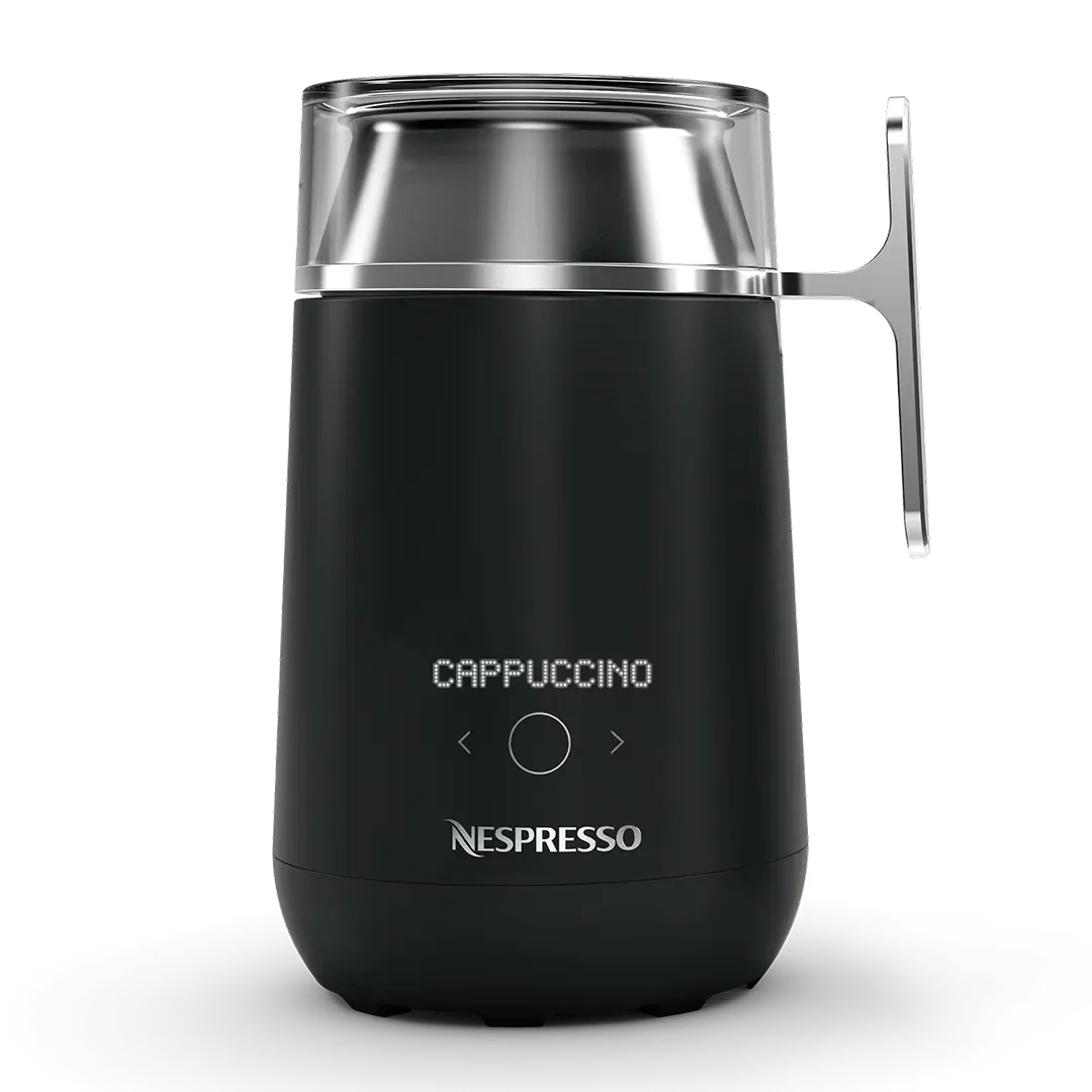 Nespresso Barista milk frother, powered on, front view, transparent background