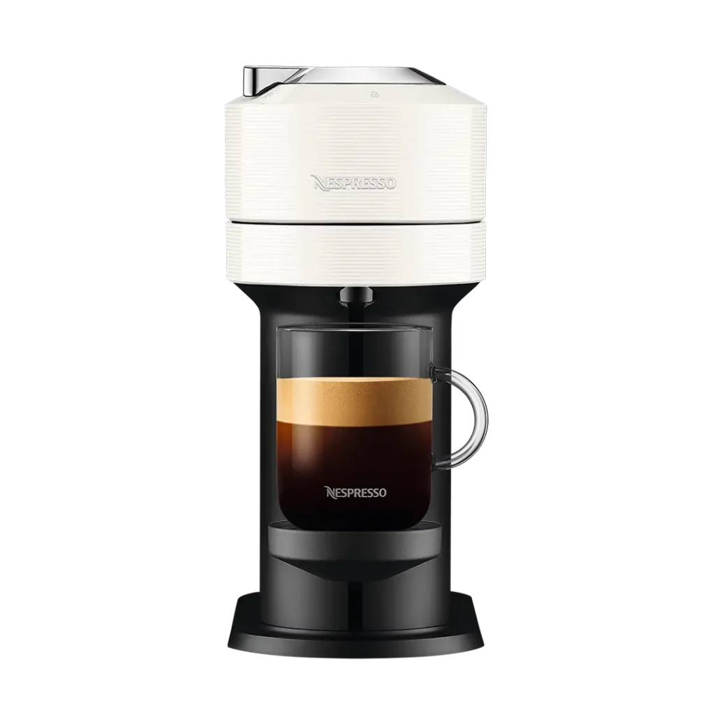 Nespresso Vertuo Next coffee capsule machine front view with full mug and perfect crema product image - OVR review