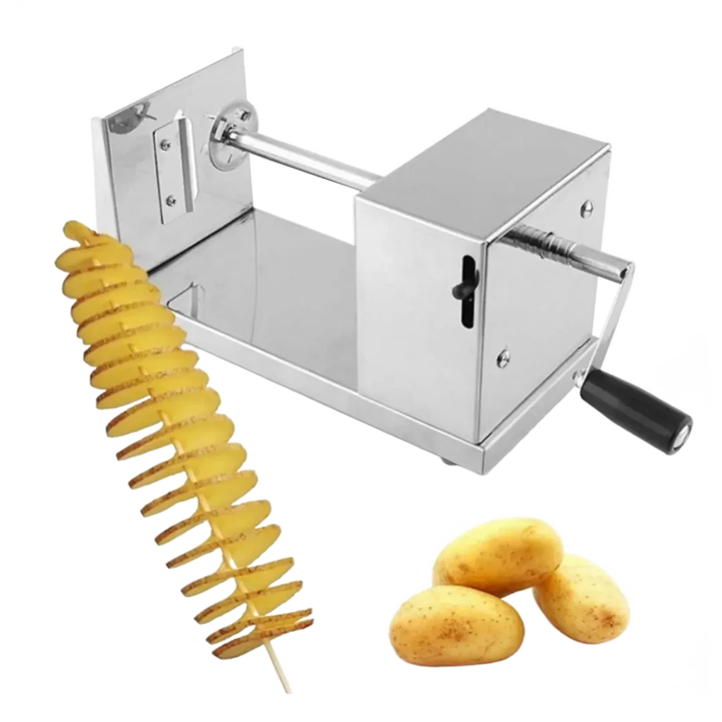 Manual Spiral Potato Slicer with Raw Potatoes and a Skewered Tornado-Cut Potato