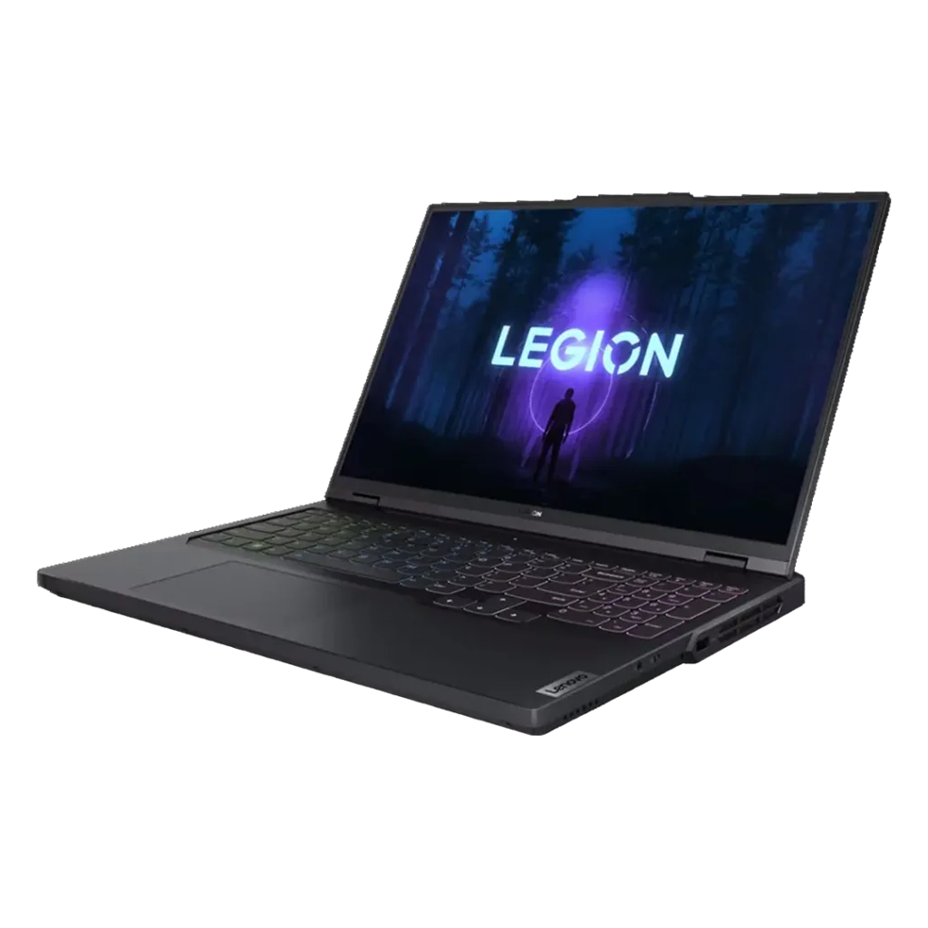 Lenovo Legion Pro 5 16IRX8 laptop open from the front, RGB-backlit keyboard and Legion logo centered on the display