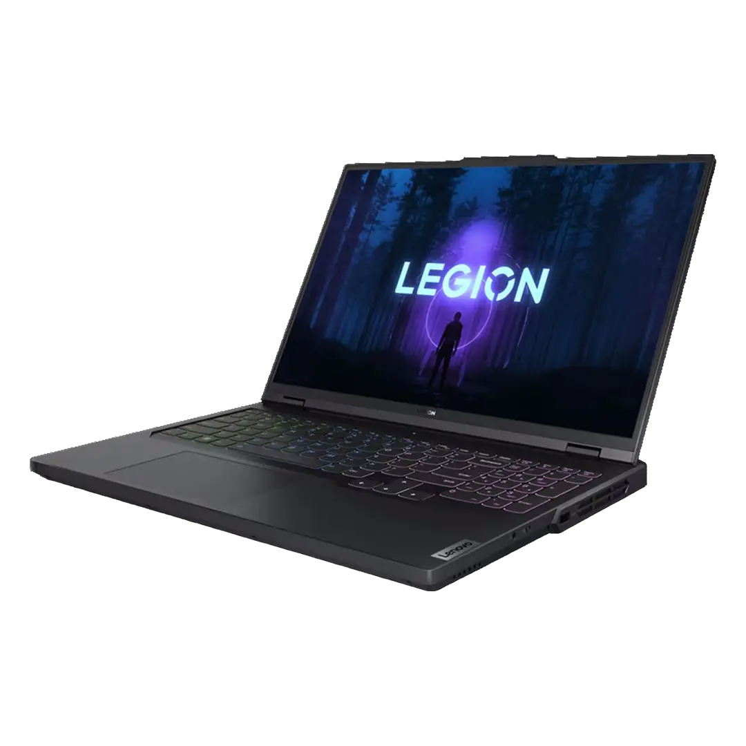 Lenovo Legion Pro 5 16IRX8 laptop open from the front, RGB-backlit keyboard and Legion logo centered on the display