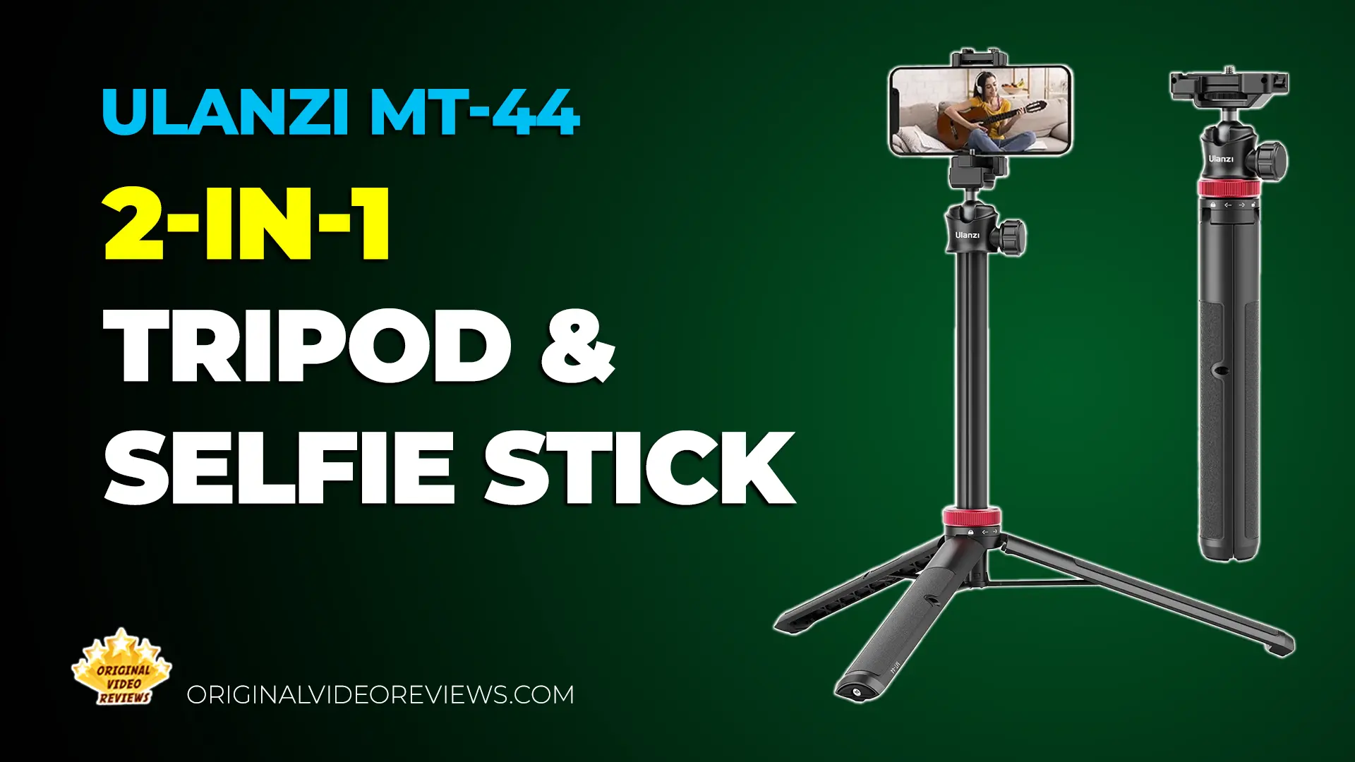 Ulanzi MT-44 tripod shown closed and open at low height with a smartphone mounted and its screen on